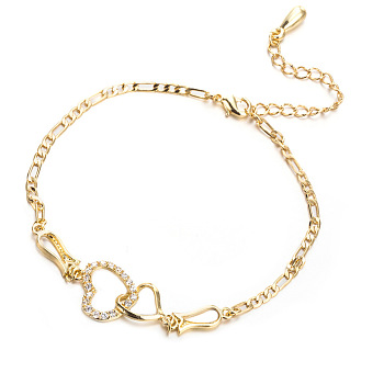Brass Cubic Zirconia Link Chain Bracelets, with Lobster Claw Clasps, Heart to Heart, Clear, Real 18K Gold Plated, 9-7/8inch(25cm)