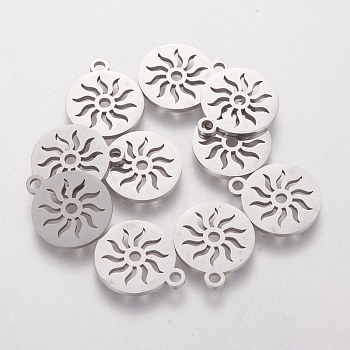 304 Stainless Steel Charms, Flat Round with Sun, Stainless Steel Color, 14x12x1mm, Hole: 1.5mm