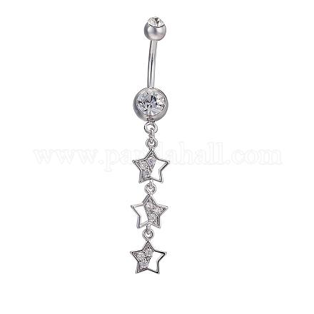 Piercing Jewelry Real Platinum Plated Brass Rhinestone Three Star Navel Ring Belly Rings AJEW-EE0001-74A-1