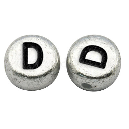 Perles de lettre à trou horizontal acrylique plaqué couleur argent X-MACR-PB43C9070-D-1