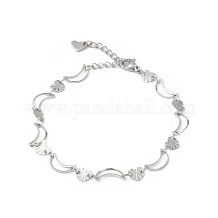 304 bracciale da donna in acciaio inossidabile con catena a maglie di luna e cuore BJEW-G669-19P-1