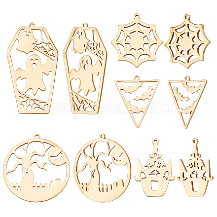 Beebeecraft 10Pcs 5 Styles Halloween Charms 18K Gold Plated Spider Web Bats Ghost Castles Scary Trees Pendant Charms Halloween Jewelry Crafting Supplies for DIY Necklace Bracelet STAS-BBC0002-04-1