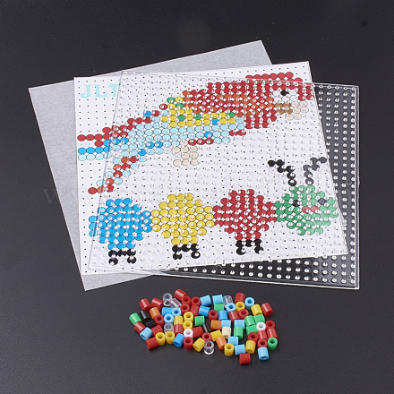 ヒューズビーズ：DIYメルティビーズは、ビーズセットを融合  ABCプラスチックペグボード  型紙とアイロン用紙  鳥と虫の模様  正方形  カラフル  14.7x14.7cm DIY-S033-061-1