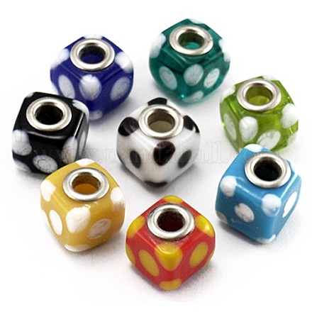 Mixed Color Dotted Cube Handmade Lampwork Large Hole European Beads X-DAM07-1