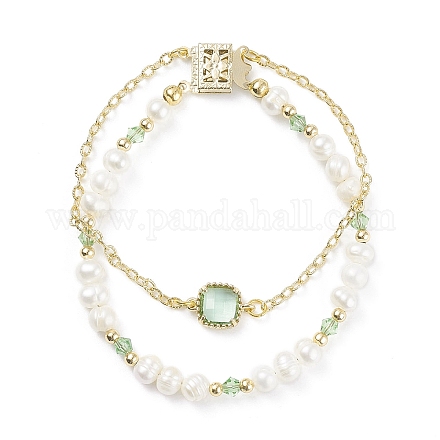 Pulsera de varios hilos con perlas naturales y cuentas de vidrio con cadenas de cable de latón para mujer BJEW-TA00077-01-1