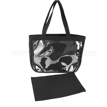 キャンバスショルダーバッグ  長方形の女性のハンドバッグ  ジッパーロックと透明なPVCウィンドウ付き。  ブラック  31x37x8cm ZXFQ-PW0001-016C-1