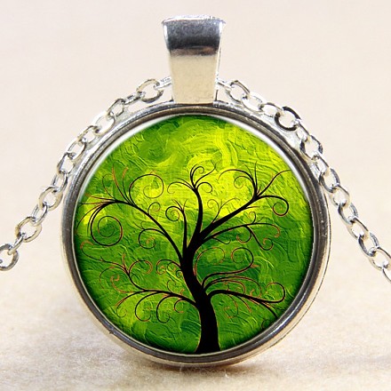 Tree Of Life Pattern Flat Round Glass Pendant Necklaces NJEW-N0051-048H-02-1