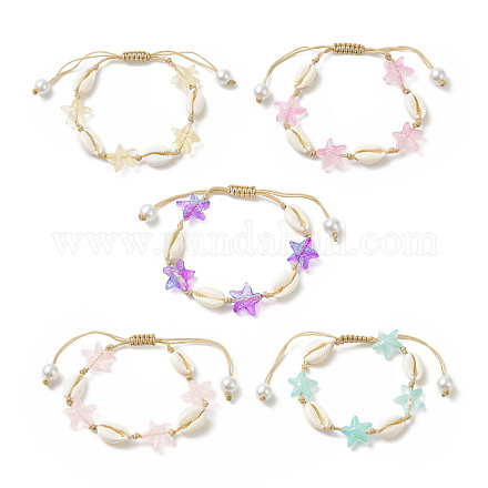 Braccialetto di perline intrecciate con conchiglia di ciprea naturale e stelle marine di vetro da donna BJEW-JB09943-1