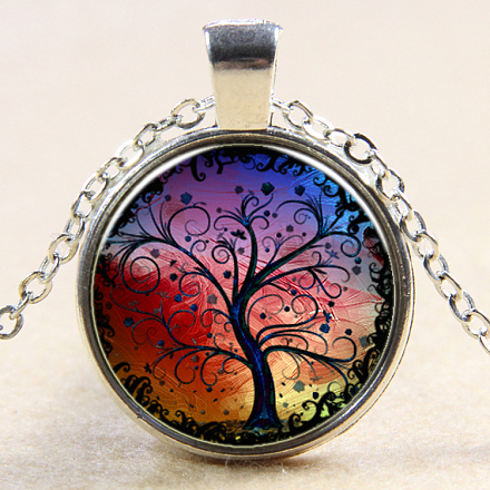 Tree Of Life Pattern Flat Round Glass Pendant Necklaces NJEW-N0051-048N-02-1