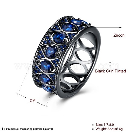 トレンドの真鍮製キュービックジルコニア指輪  ワイドバンドリング  ブルー  ガンメタ色  usサイズ8（18.1mm） RJEW-BB26974-C-8-1