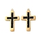 304 Stainless Steel Pendants, with Glass, Corss Charms, Real 14K Gold Plated, Black, 24.5x15.5x3.5mm, Hole: 1.4mm