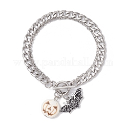 Set di braccialetti in acciaio inossidabile 304 con ciondolo a forma di pipistrello in lega smaltata di Halloween e zucca in turchese sintetico tinto&nbsp;BJEW-JB12446-02