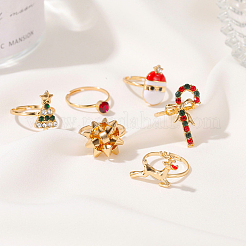 18 stücke 6 6 stil santa claus & weihnachten baum & blume & hirsch & zuckerstange emaille verstellbare ringe set&nbsp;RJEW-NB0001-03