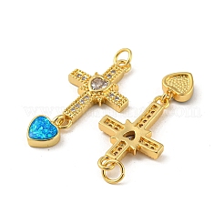 Cruz con corazón colgantes de latón micro pavé de circonita cúbica con ópalo sintético&nbsp;KK-K356-05G