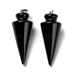 Natürlichen Obsidian Anhänger, Messing mit Platin Zubehör, Kegel, 40~44x15~16 mm, Bohrung: 3x7 mm