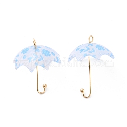 Pendentifs acryliques, avec accessoires en alliage plaqués or , Parapluie 3d avec motif de fleurs, Dodger bleu, 23x18x18mm, Trou: 1.6mm