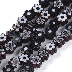 Hilos de abalorios de vidrio millefiori artesanal, flor, negro, 3.7~5.6x2.6mm, agujero: 1 mm, aproximamente 88~110 pcs / cadena, 15.75'' (40 cm)