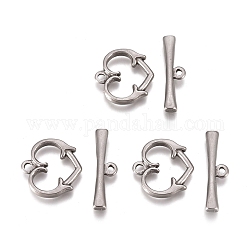 304 Stainless Steel Toggle Clasps, Heart, Stainless Steel Color, Heart: 15.3x15.5x2.3mm, Hole: 1.6mm, Bar: 6x21.2x2.4mm, Hole: 1.5mm