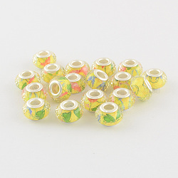 Large Hole Printed Acrylic European Beads, with Silver Tone Brass Double Cores, Faceted Rondelle, Yellow, 14x9mm, Hole: 5mm