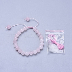 Braccialetti di perline rotondi intrecciati in quarzo rosa naturale regolabili, con filo di nylon, filo di cristallo elastico piatto, 2~3-1/8 pollice (5~8 cm), perline: 8~9 mm