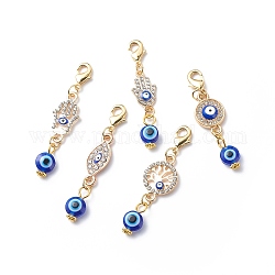Evil Eye Theme Pendant Decorations, Alloy Rhinestone & Brass Clip-on Charms, Lobster Clasp Charms, Hamsa Hand/Eye/Tree of Life, Golden, 48~52mm
