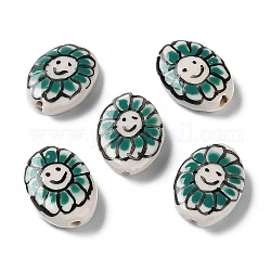 Handmade Porcelain Beads, Famille Rose Porcelain, Oval with Flower, Teal, 19x14~16x5~6mm, Hole: 1.2mm