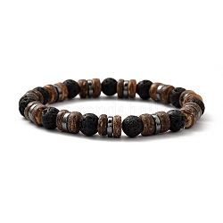 Natural Lava Rock Stretch Bracelets, with Natural Coconut Beads and Non-magnetic Synthetic Hematite Beads, Inner Diameter: 2-1/8 inch(5.5cm)