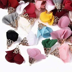 Chiffon Pendants, with Golden Iron Findings, Flower, Mixed Color, 26~27x24~26x18~20mm, Hole: 2mm