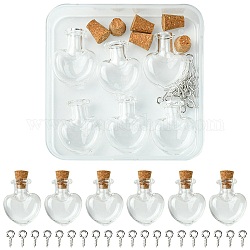 6Pcs Clear Mini High Borosilicate Glass Bottle Bead Containers, Wishing Bottle, with Cork Stopper, with 20Pcs Iron Screw Eye Pin Peg Bails, Heart, 2.6x2.2cm