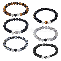 FIBLOOM 3 Sets 3 Style Natural & Synthetic Mixed Gemstone & Glass Round Beaded Stretch Bracelet Sets, Alloy Heart Stackable Bracelets, Inner Diameter: 2-1/8~2-3/8 inch(5.5~6cm), 2Pcs/set, 1 Set/style