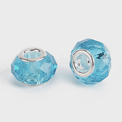 European Beads vetro sfaccettato, perline con foro grande, con argento nucleo tono ottone, rondelle, cielo blu profondo, 13.5~14x8.5~9mm, Foro: 5 mm