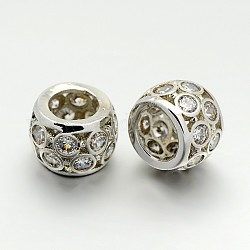 Hohl Messing-Mikro pflastern Zirkonia Perlen mit großem Loch, Rondell, cadmiumfrei und bleifrei, Transparent, Platin Farbe, 7x10 mm, Bohrung: 6 mm