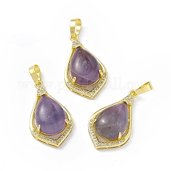 Natural Amethyst Pendants, Teardrop Charms, with Golden Tone Rack Plating Brass Findings, Cadmium Free & Lead Free, 32x18.5x9.5mm, Hole: 8x4.5mm