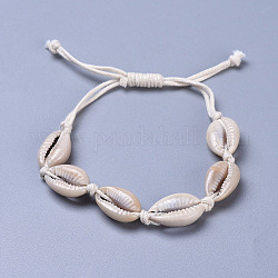 Bracelets de perle tressés en coquille de cauris réglables, avec des cordons de coton ciré, verge d'or pale, 10-1/2 pouce (26.6 cm)