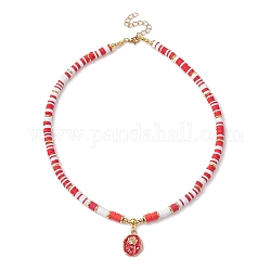 Collier pendentif fleur en alliage émaillé, avec des chaînes de perles en disque d'argile polymère, rouge, 21.65'' (55 cm)