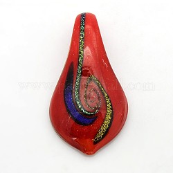 1Box Handmade Dichroic Glass Big Teardrop Pendants, with Random Color Cardboard Ribbon Bowknot Gift Box, Red, 60x33x10mm, Hole: 8mm, Box: 70x51x21mm
