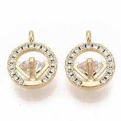 Brass Micro Pave Clear Cubic Zirconia Charms, Nickel Free, Ring with Diamond, Real 18K Gold Plated, 12.5x10x7mm, Hole: 1.5mm