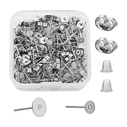 DIY Ohrring machen Kits, 100pcs Edelstahl flache runde leere Ohrstecker Ohrstecker Zubehörse, 200 Stück Edelstahl- und Kunststoffohrmuttern, Edelstahl Farbe, Zubehörse: 400 Stück/Box