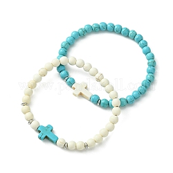 Ensemble de bracelets extensibles en perles synthétiques turquoise, 2 couleurs, 2 pièce, bracelets empilables, couleur mixte, diamètre intérieur: 2-1/8 pouce (5.5 cm), 1 pc / couleur