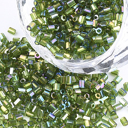 Grado a perline di semi di vetro, esagono (due tagli), colori trasparenti arcobaleno, verde oliva, 1.5~2.5x1.5~2mm, Foro: 0.8 mm, circa 2100pcs/scatola, 450 g / borsa