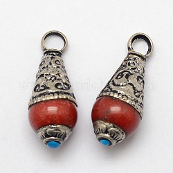 Pendentifs d'oreilles en laiton, avec pierres précieuses imitation résine et argent antique, rouge foncé, 26~28x11mm, Trou: 4mm