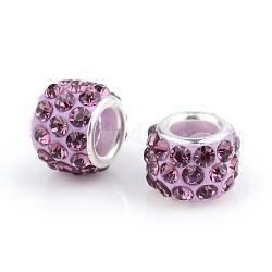 Polymer Clay Rhinestone European Beads, Large Hole Beads, Rondelle, with Silver Color Plated Brass Cores, Light Amethyst, 10~12x7~8mm, Hole: 5mm