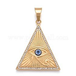 304 ciondoli in acciaio inossidabile, con strass di cristallo e resina, triangolo con occhio egiziano di horus, oro, 48x40.5x7mm, Foro: 8x11 mm
