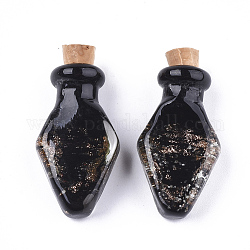 Luminosas colgantes de cristal de murano de arena de oro hechas a mano, con tapón de madera, botella de perfume, negro, 31.5~32x17.5~18x9~9.5mm, agujero: 4.5 mm, capacidad de la botella: 0.5 ml (0.017 fl. oz)