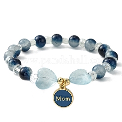 Cadeau bijoux pour la fête des mères, bracelets de breloque d'émail d'alliage, bracelet en perles de verre rond et cœur pour femme, bleu marine, diamètre intérieur: 2 pouce (5 cm)