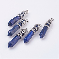 Lapis lazuli naturel gros pendentifs pointus, avec les accessoires en alliage, facette, balle, platine, 59~63x11~12mm, Trou: 4x7mm