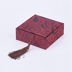 Деревянные браслет коробки, с бельем и кисточкой из нейлонового шнура, квадратный, коричневые, 10x10x3.7 см