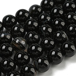 Natural Striped Agate/Banded Agate Beads Strands, Dyed, Round, Black, 10mm, Hole: 1mm