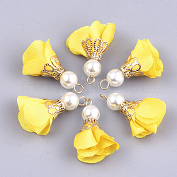 Ciondoli di ferro, con un panno e una perla imitazione plastica abs, fiore, oro, arancione, 25~32x15~25mm, Foro: 1~4 mm