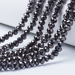 Chapelets de perles en verre transparent électrolytique, plein plaqué, facette, rondelle, plaqué gris anthracite, 6x5mm, Trou: 1mm, Environ 85~88 pcs/chapelet, 16.1~16.5 pouce (41~42 cm)